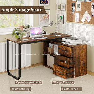 55 Inch Reversible L Shaped Desk with 3 Drawers Home Office Desk with Adjustable Shelf-Rustic Brown