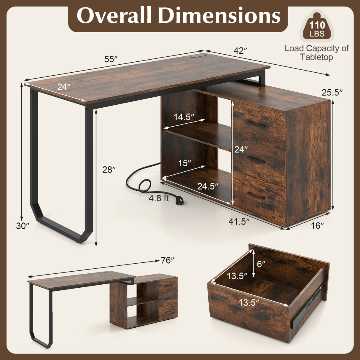 55 Inch Reversible L Shaped Desk with 3 Drawers Home Office Desk with Adjustable Shelf-Rustic Brown