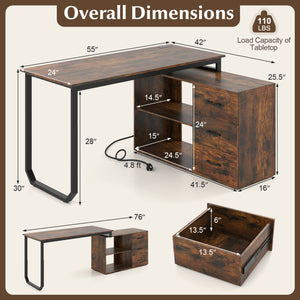 55 Inch Reversible L Shaped Desk with 3 Drawers Home Office Desk with Adjustable Shelf-Rustic Brown