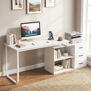 55 Inch Reversible L Shaped Desk with 3 Drawers Home Office Desk with Adjustable Shelf-White