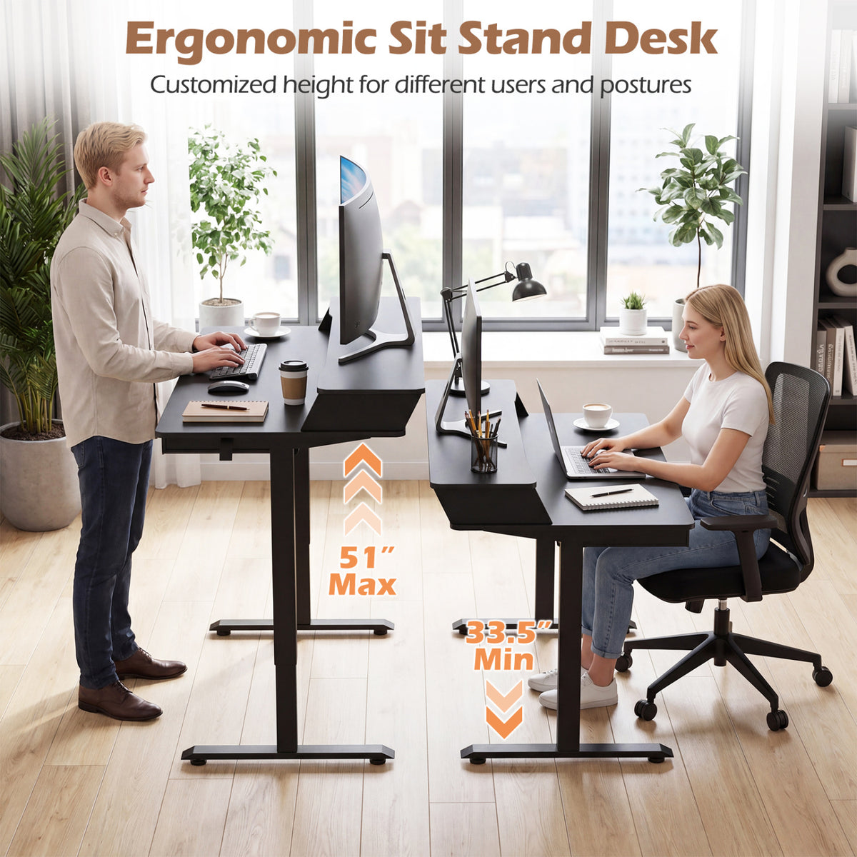 55 Inch x 27 Inch Electric Standing Desk with Drawers-Black