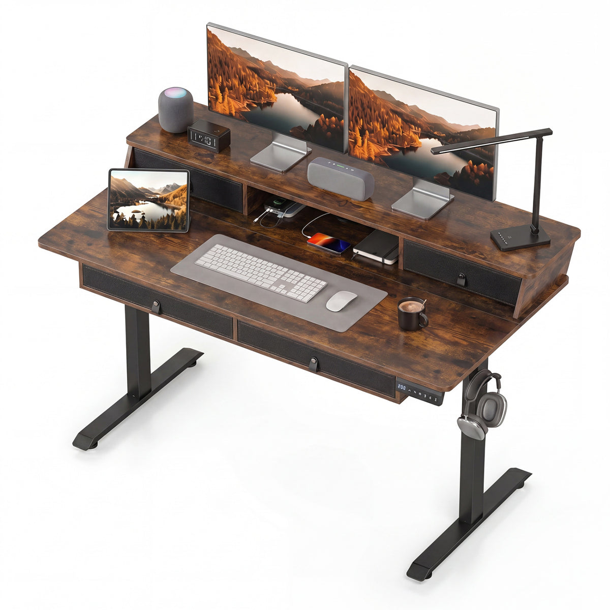 55 Inch x 27 Inch Electric Standing Desk with Drawers-Rustic Brown