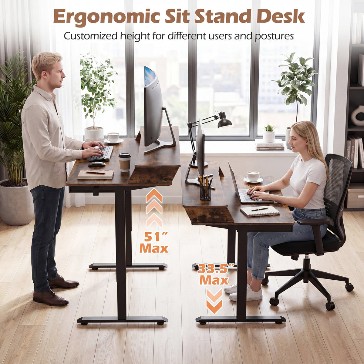 55 Inch x 27 Inch Electric Standing Desk with Drawers-Rustic Brown