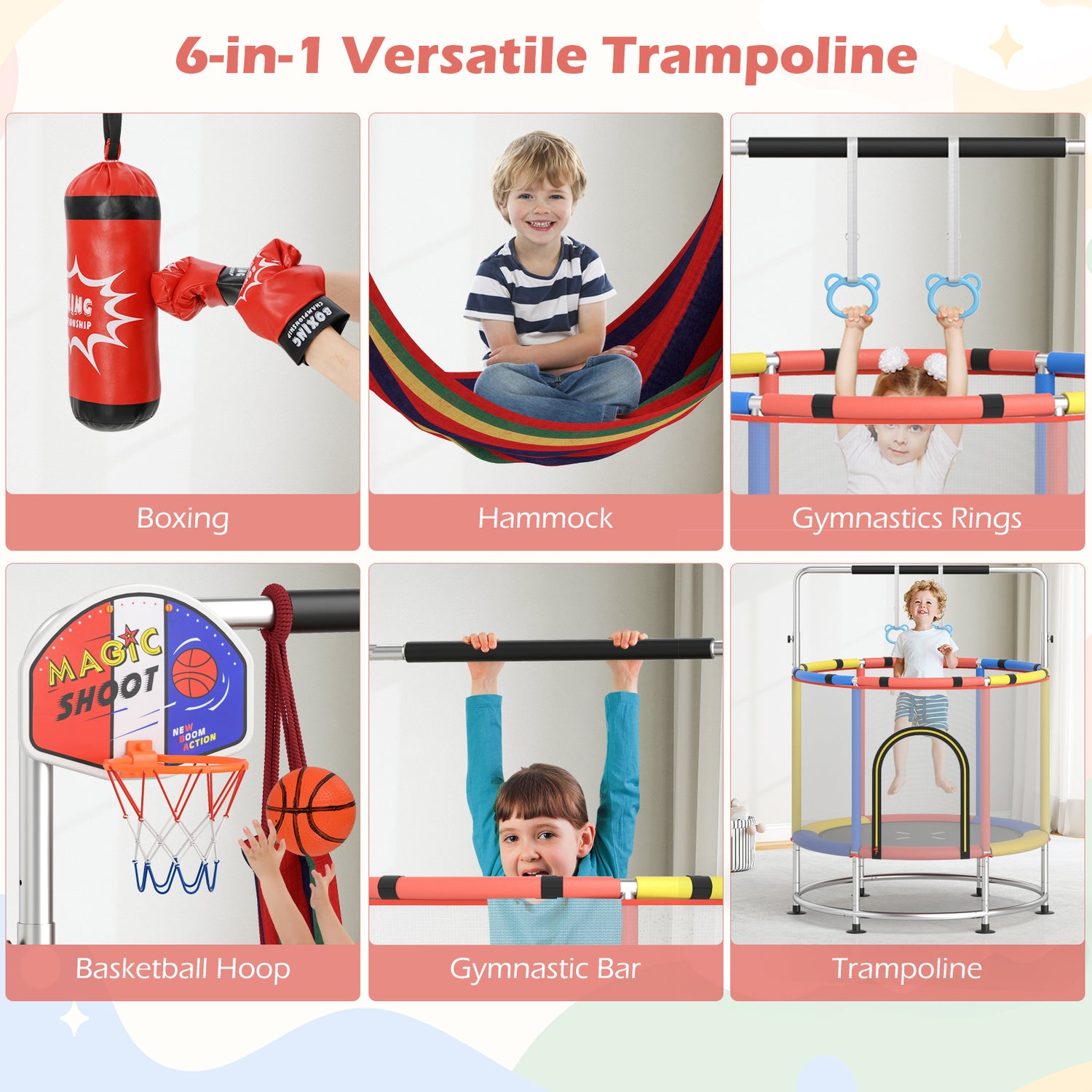 55" Kids Trampoline Gift for for 3-6 Years Old Boys and Girls-Red