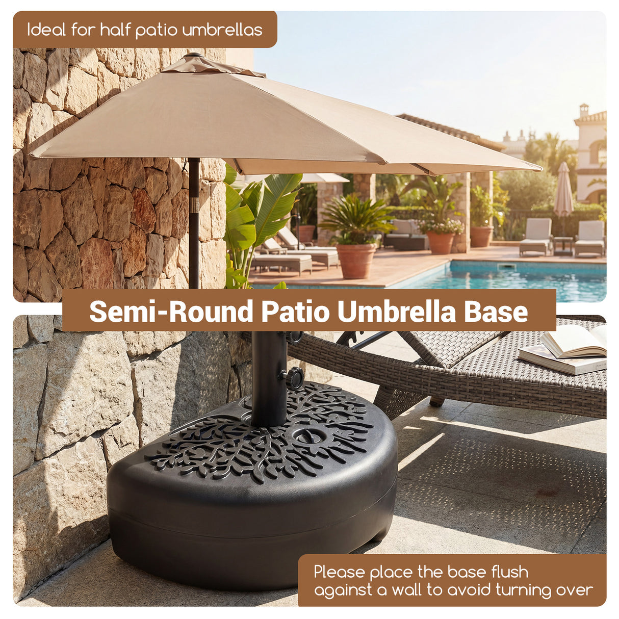 55 LBS Half Round Patio Umbrella Base  for Deck Lawn Poolside-Black