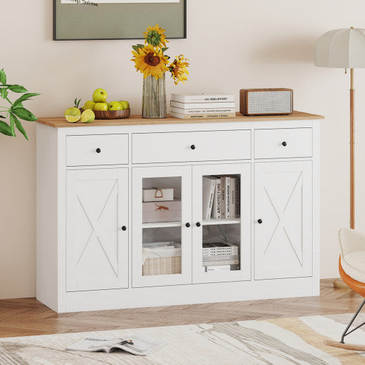 55" Large Buffet Sideboard Kitchen Storage Cabinet with 3 Drawers 2 See-through Doors Adjustable Shelves Wine Bar Table-White