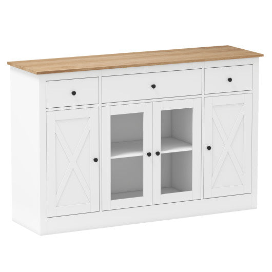 55" Large Buffet Sideboard Kitchen Storage Cabinet with 3 Drawers 2 See-through Doors Adjustable Shelves Wine Bar Table-White