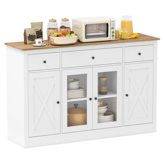 55" Large Buffet Sideboard Kitchen Storage Cabinet with 3 Drawers 2 See-through Doors Adjustable Shelves Wine Bar Table-White