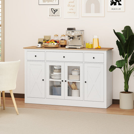 55" Large Buffet Sideboard Kitchen Storage Cabinet with 3 Drawers 2 See-through Doors Adjustable Shelves Wine Bar Table-White