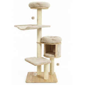 55" Solid Rubber Wood Cat Tree with Condo & Hammock and Scratching Posts for Adult Cats-Beige