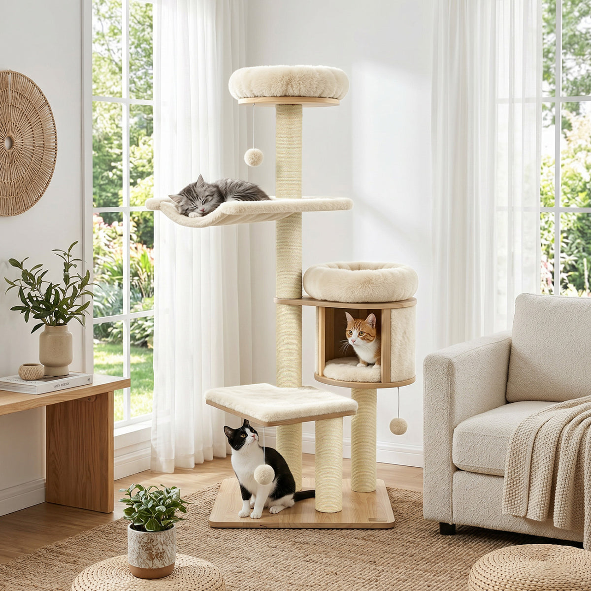 55" Solid Rubber Wood Cat Tree with Condo & Hammock and Scratching Posts for Adult Cats-Beige