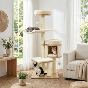 55" Solid Rubber Wood Cat Tree with Condo & Hammock and Scratching Posts for Adult Cats-Beige