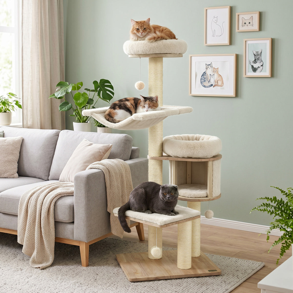 55" Solid Rubber Wood Cat Tree with Condo & Hammock and Scratching Posts for Adult Cats-Beige