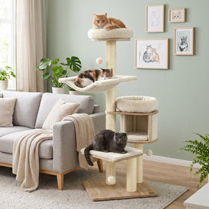 55" Solid Rubber Wood Cat Tree with Condo & Hammock and Scratching Posts for Adult Cats-Beige