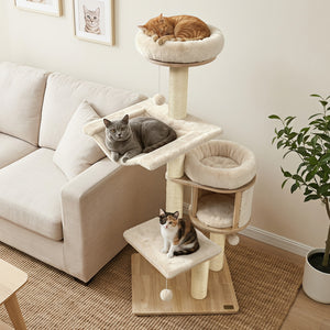 55" Solid Rubber Wood Cat Tree with Condo & Hammock and Scratching Posts for Adult Cats-Beige