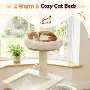 55" Solid Rubber Wood Cat Tree with Condo & Hammock and Scratching Posts for Adult Cats-Beige