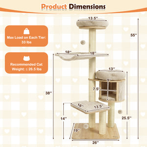 55" Solid Rubber Wood Cat Tree with Condo & Hammock and Scratching Posts for Adult Cats-Beige