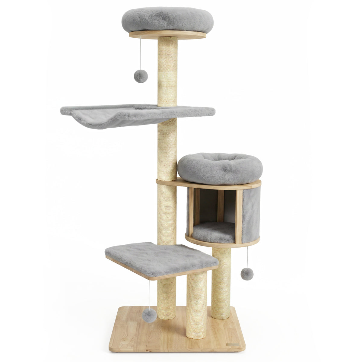 55" Solid Rubber Wood Cat Tree with Condo & Hammock and Scratching Posts for Adult Cats-Gray