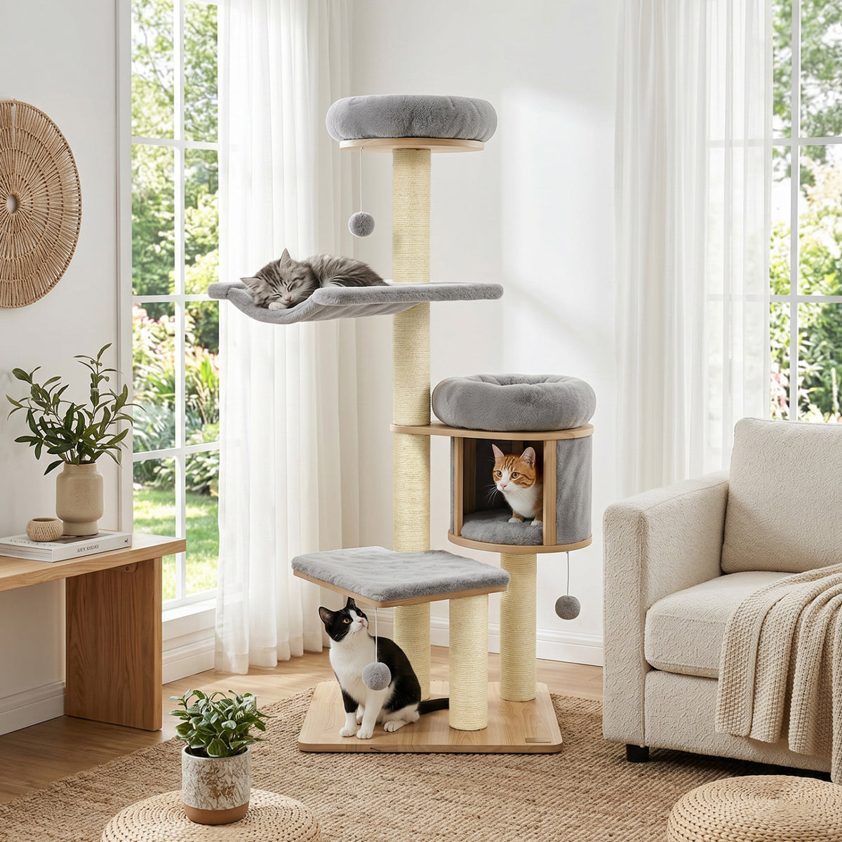 55" Solid Rubber Wood Cat Tree with Condo & Hammock and Scratching Posts for Adult Cats-Gray