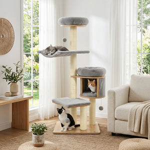 55" Solid Rubber Wood Cat Tree with Condo & Hammock and Scratching Posts for Adult Cats-Gray