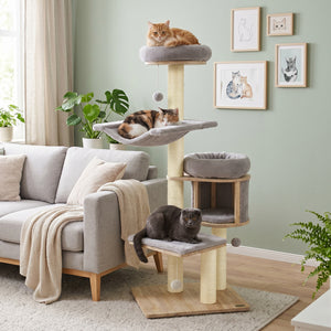 55" Solid Rubber Wood Cat Tree with Condo & Hammock and Scratching Posts for Adult Cats-Gray
