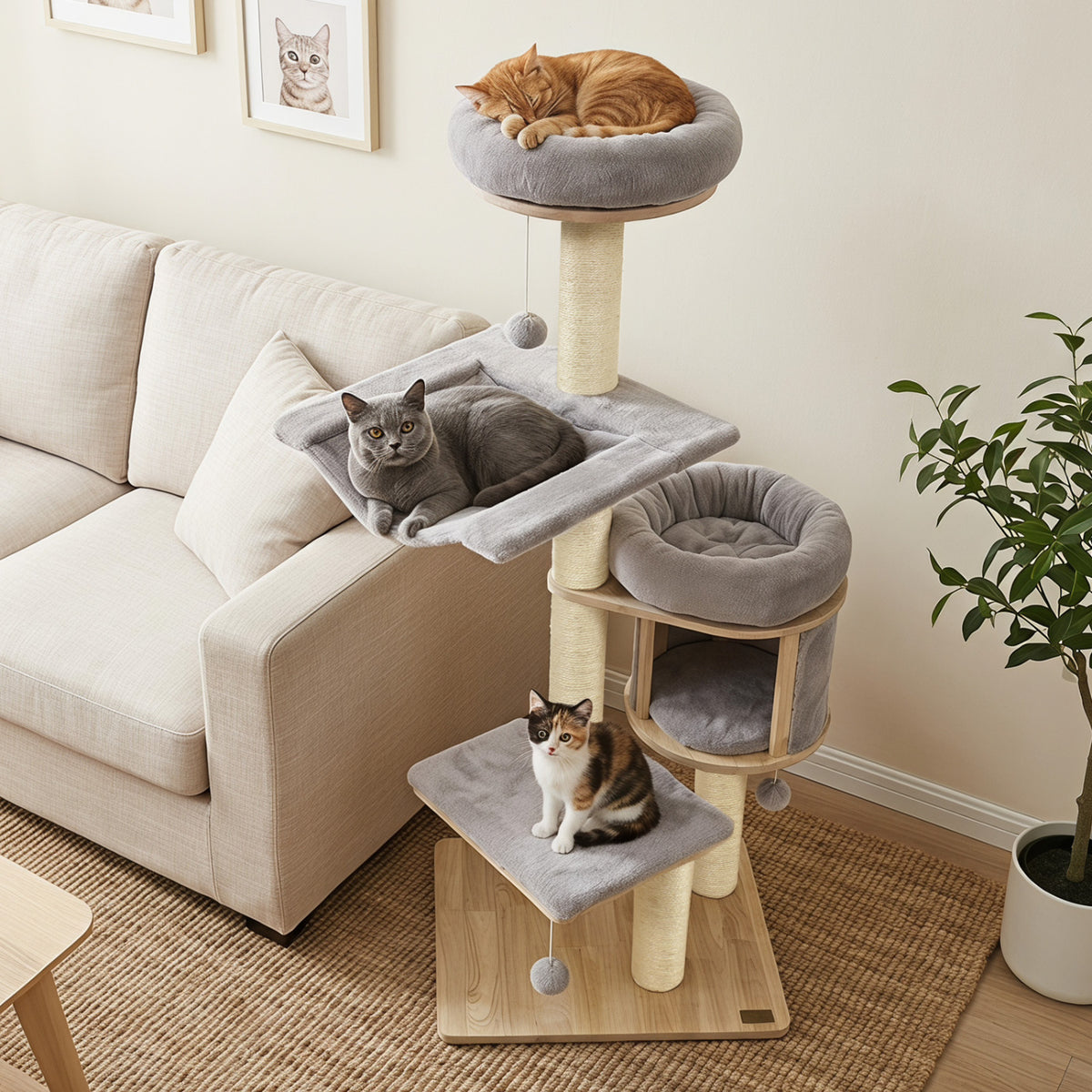 55" Solid Rubber Wood Cat Tree with Condo & Hammock and Scratching Posts for Adult Cats-Gray