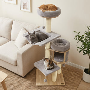 55" Solid Rubber Wood Cat Tree with Condo & Hammock and Scratching Posts for Adult Cats-Gray