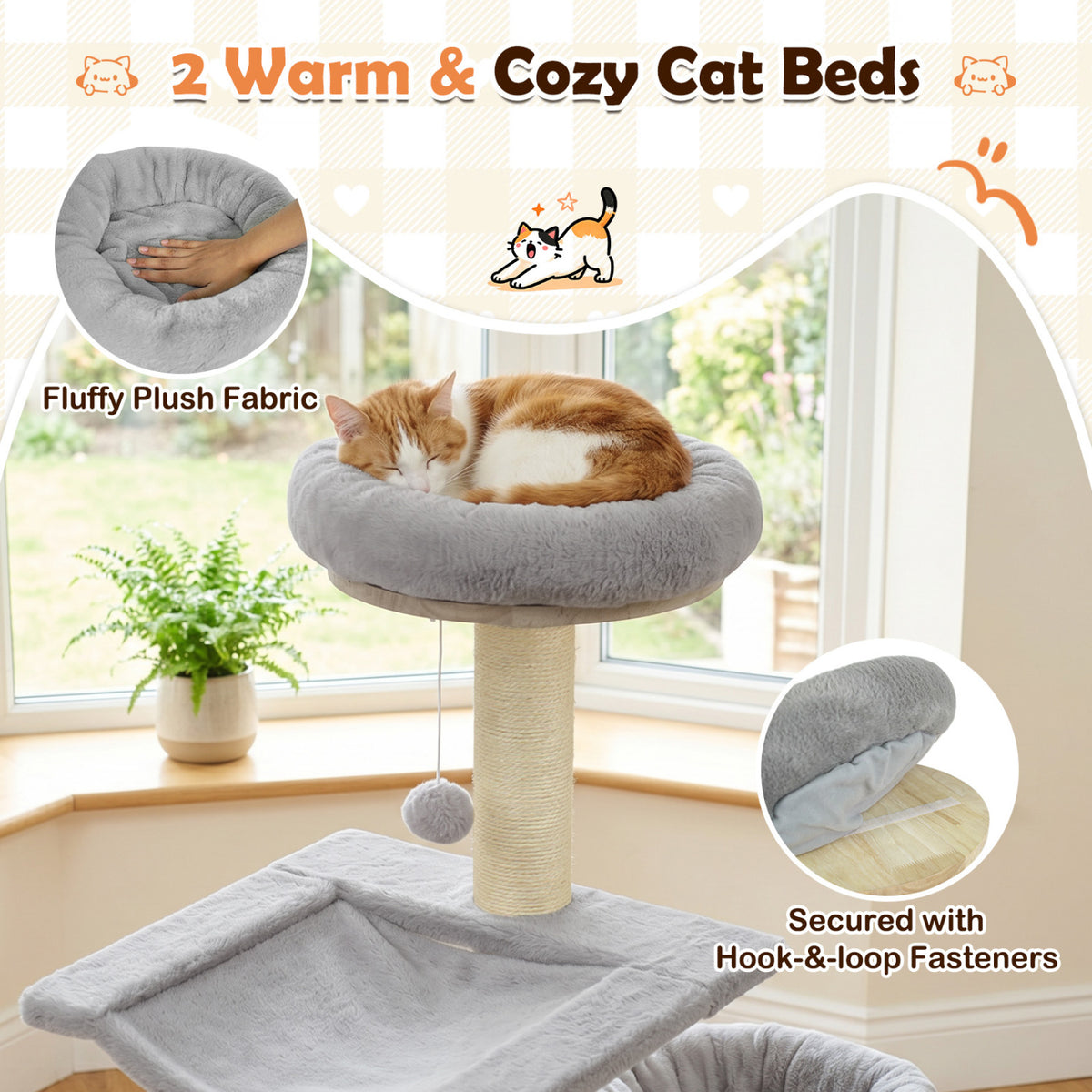 55" Solid Rubber Wood Cat Tree with Condo & Hammock and Scratching Posts for Adult Cats-Gray