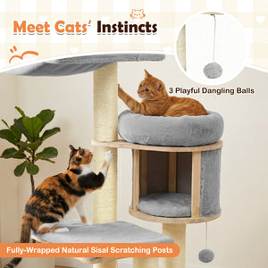 55" Solid Rubber Wood Cat Tree with Condo & Hammock and Scratching Posts for Adult Cats-Gray