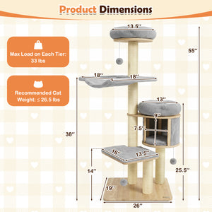 55" Solid Rubber Wood Cat Tree with Condo & Hammock and Scratching Posts for Adult Cats-Gray
