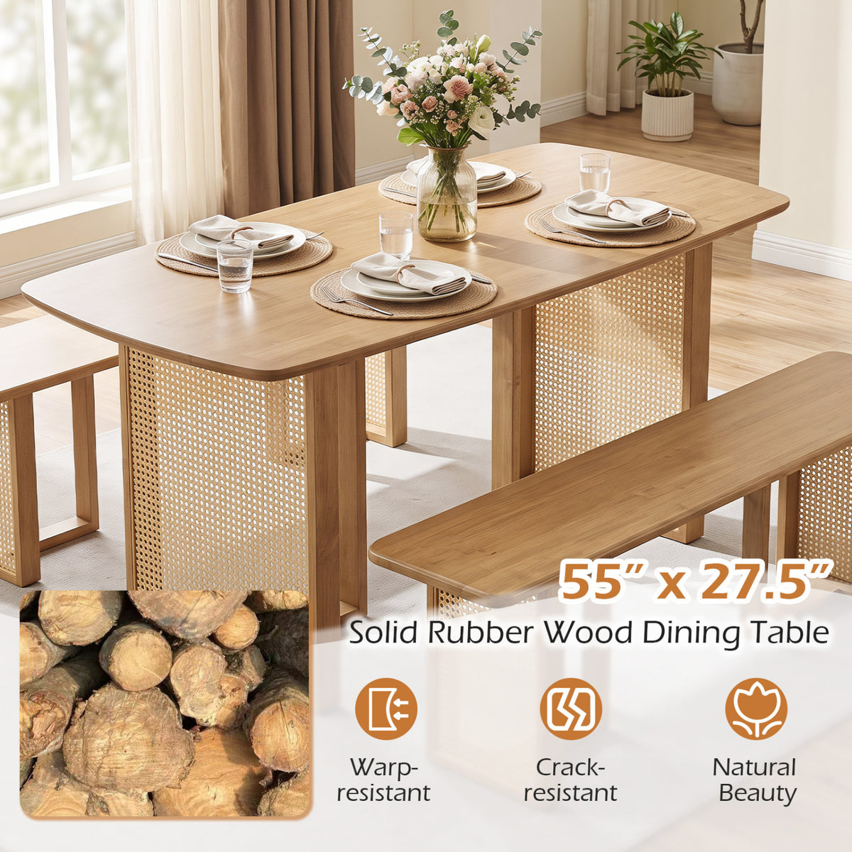 55" Solid Rubber Wood Dining Table Set for 4 People with Rounded Edges-Natural