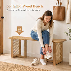55" Solid Rubber Wood Dining Bench with Rattan Legs-Natural