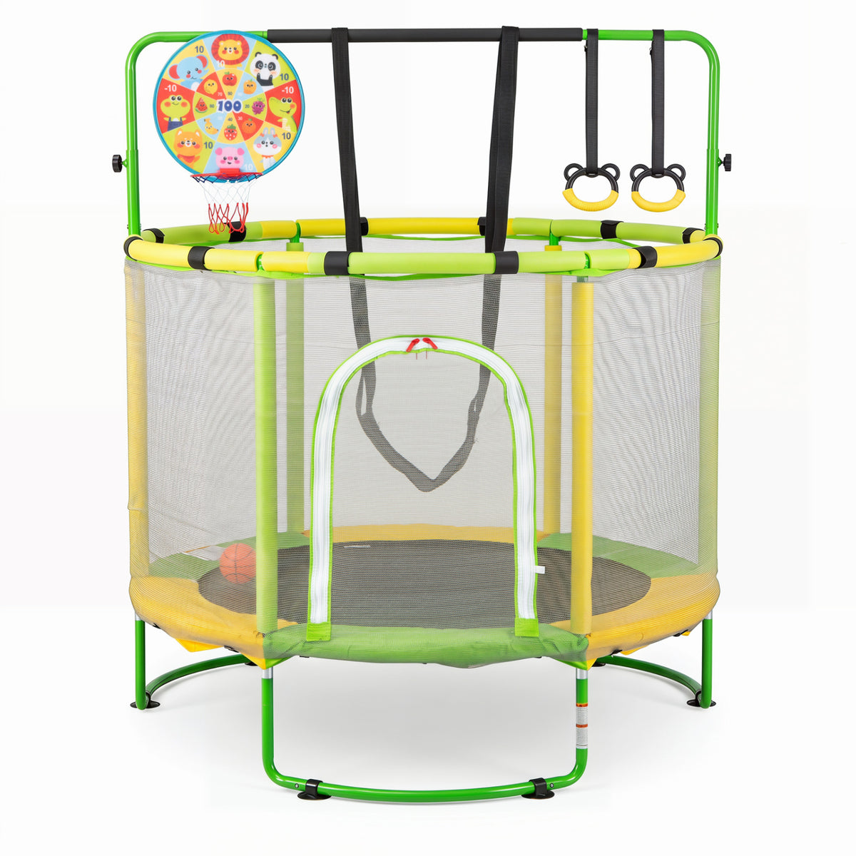 55" Trampoline for Kids with Adjustable Gymnastics Bar and Basketball Hoop for 3+-Yellow