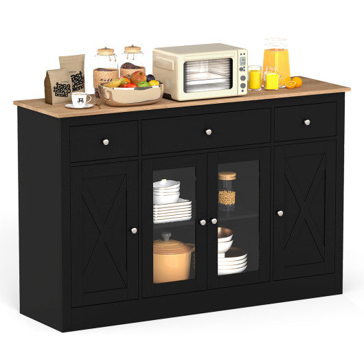 55" Large Buffet Sideboard Kitchen Storage Cabinet with 3 Drawers 2 See-through Doors Adjustable Shelves Wine Bar Table-Black