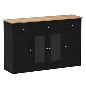 55" Large Buffet Sideboard Kitchen Storage Cabinet with 3 Drawers 2 See-through Doors Adjustable Shelves Wine Bar Table-Black