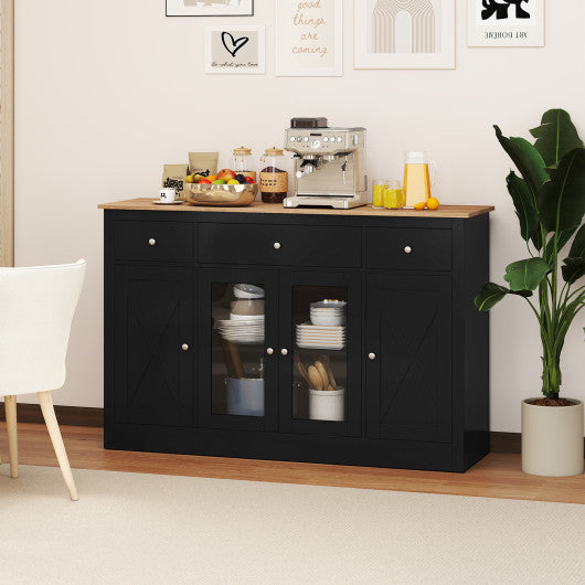 55" Large Buffet Sideboard Kitchen Storage Cabinet with 3 Drawers 2 See-through Doors Adjustable Shelves Wine Bar Table-Black