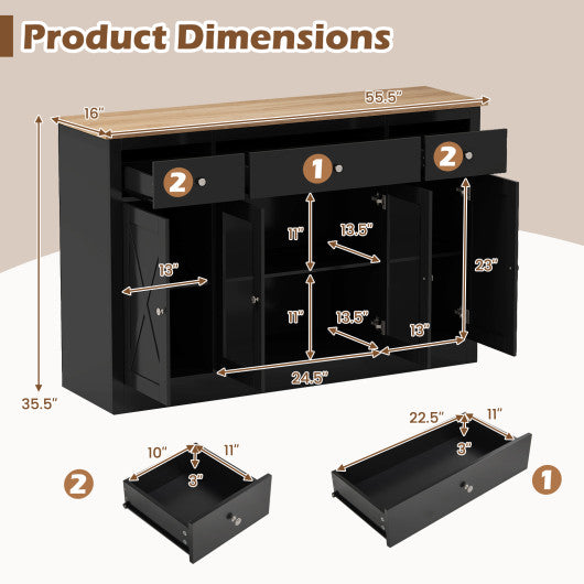 55" Large Buffet Sideboard Kitchen Storage Cabinet with 3 Drawers 2 See-through Doors Adjustable Shelves Wine Bar Table-Black