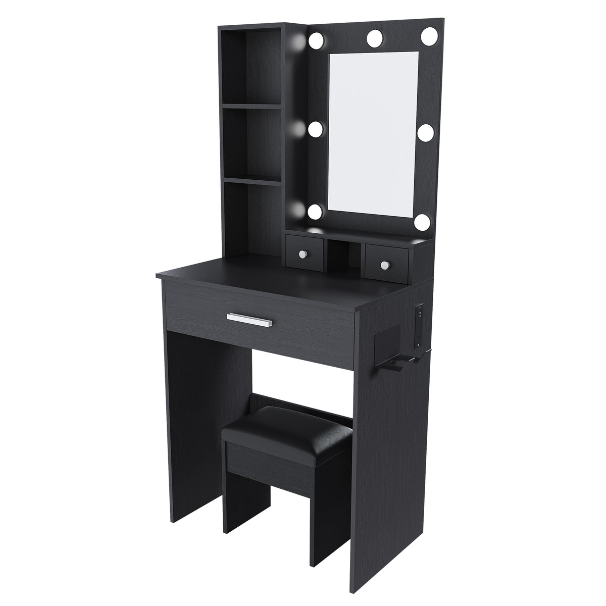 Black Vanity Table with Adjustable LED Mirror, Power Outlet, Hairdryer Holder & Matching Stool – Compact Dressing Desk for Small Bedrooms