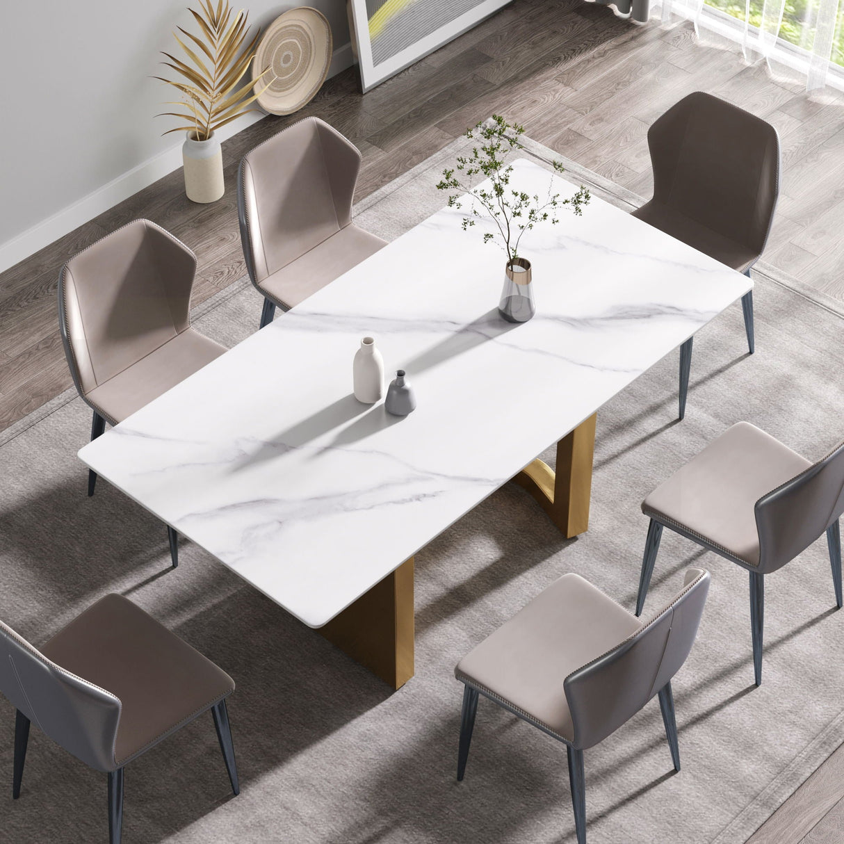 70.87" Modern Artificial Stone Straight Edge Golden Metal Leg Dining Table, Can Accommodate 6-8 People - White / Gold by Couch.com