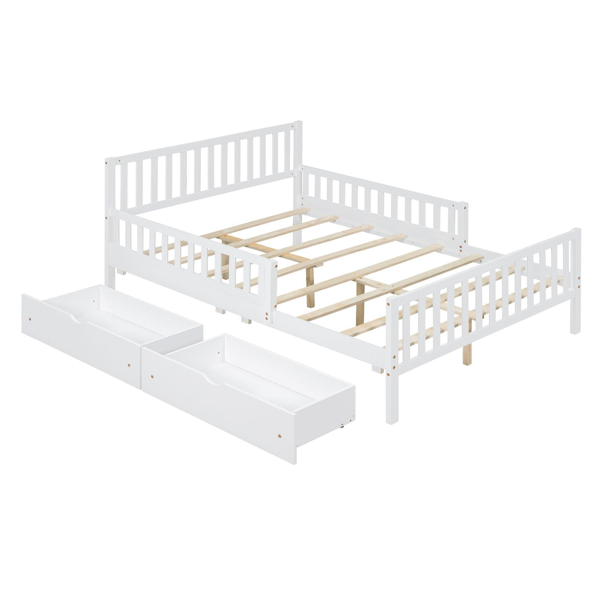 The Platform Bed features guardrails on both sides and comes with two storage drawers beneath, pulled out to reveal extra space. It's shown without a mattress and includes slats for mattress support.