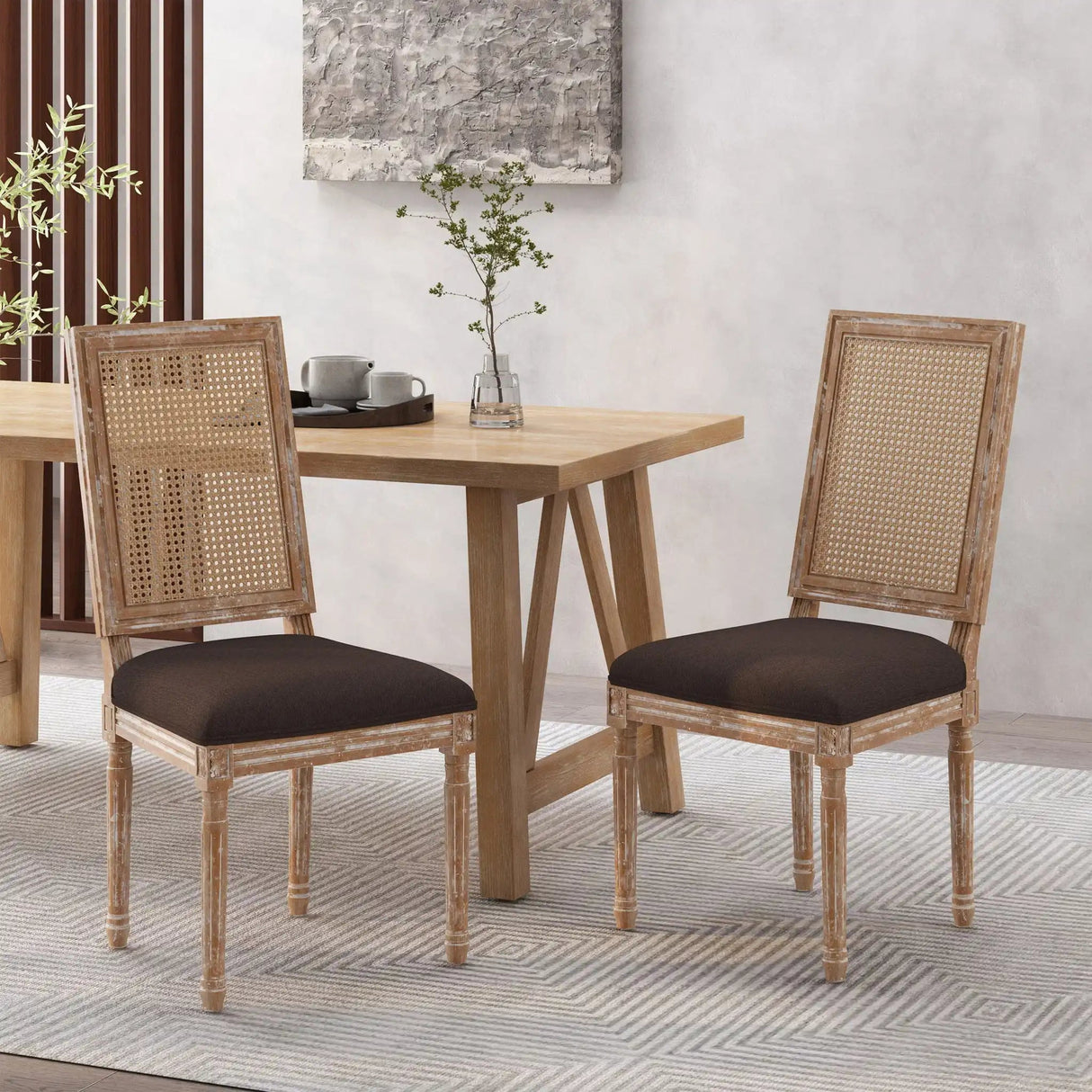 French Country Dining Chair With Rectangular Cane Backrest And Smooth Upholstered Seating