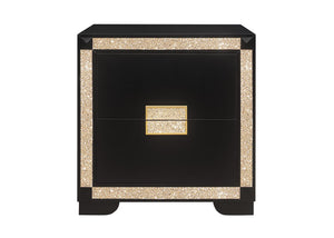 26" Black and Gold Two Drawer Faux Crystal Bling Wood Nightstand