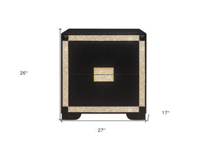 26" Black and Gold Two Drawer Faux Crystal Bling Wood Nightstand