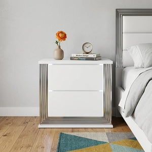 25" White Solid and Manufactured Wood Lighted Two Drawer Nightstand