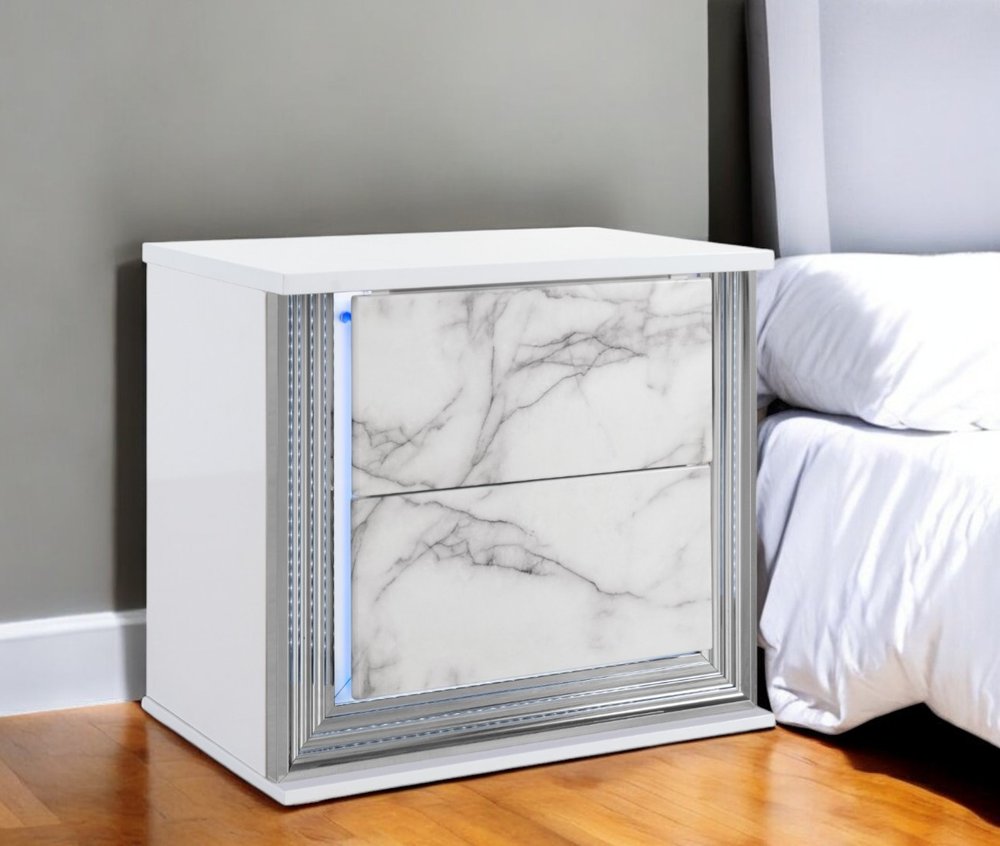25" White Wood Faux Marble Solid and Manufactured Wood Lighted Two Drawer Nightstand with USB Port
