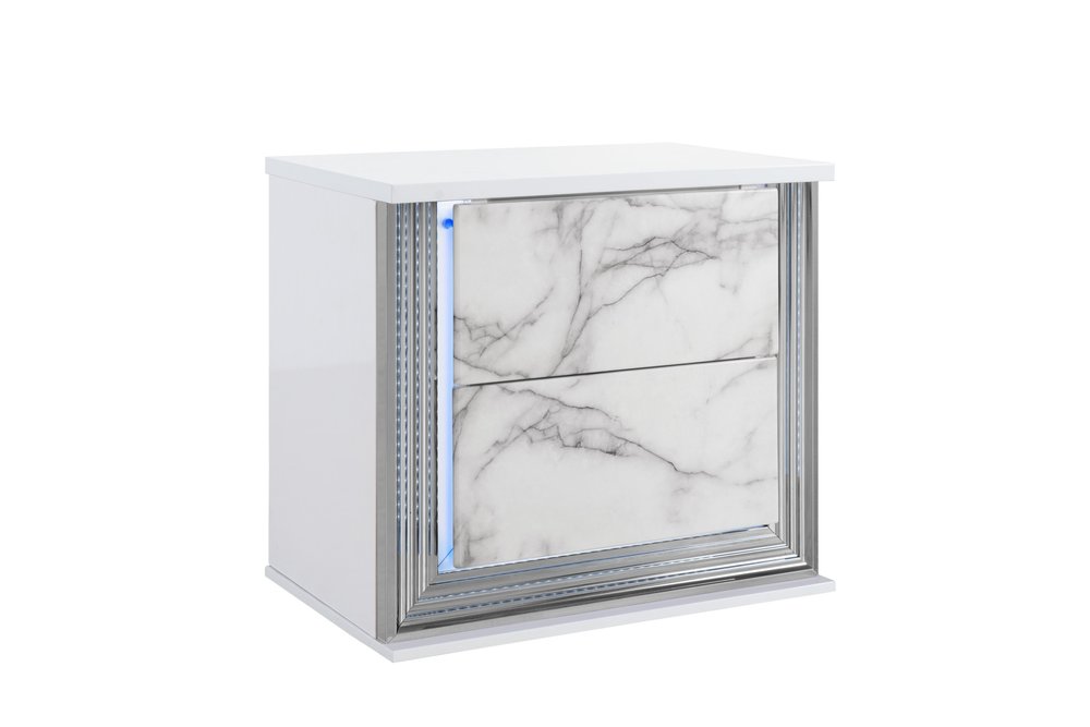 25" White Wood Faux Marble Solid and Manufactured Wood Lighted Two Drawer Nightstand with USB Port