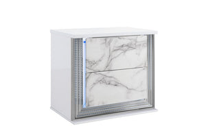 25" White Wood Faux Marble Solid and Manufactured Wood Lighted Two Drawer Nightstand with USB Port