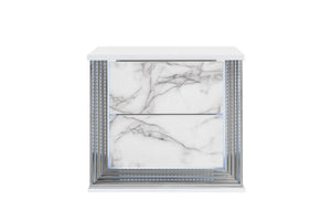 25" White Wood Faux Marble Solid and Manufactured Wood Lighted Two Drawer Nightstand with USB Port