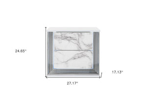 25" White Wood Faux Marble Solid and Manufactured Wood Lighted Two Drawer Nightstand with USB Port
