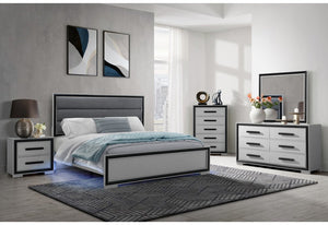 Gray Ribbed Texture Wood And Upholstery Queen Bed Frame